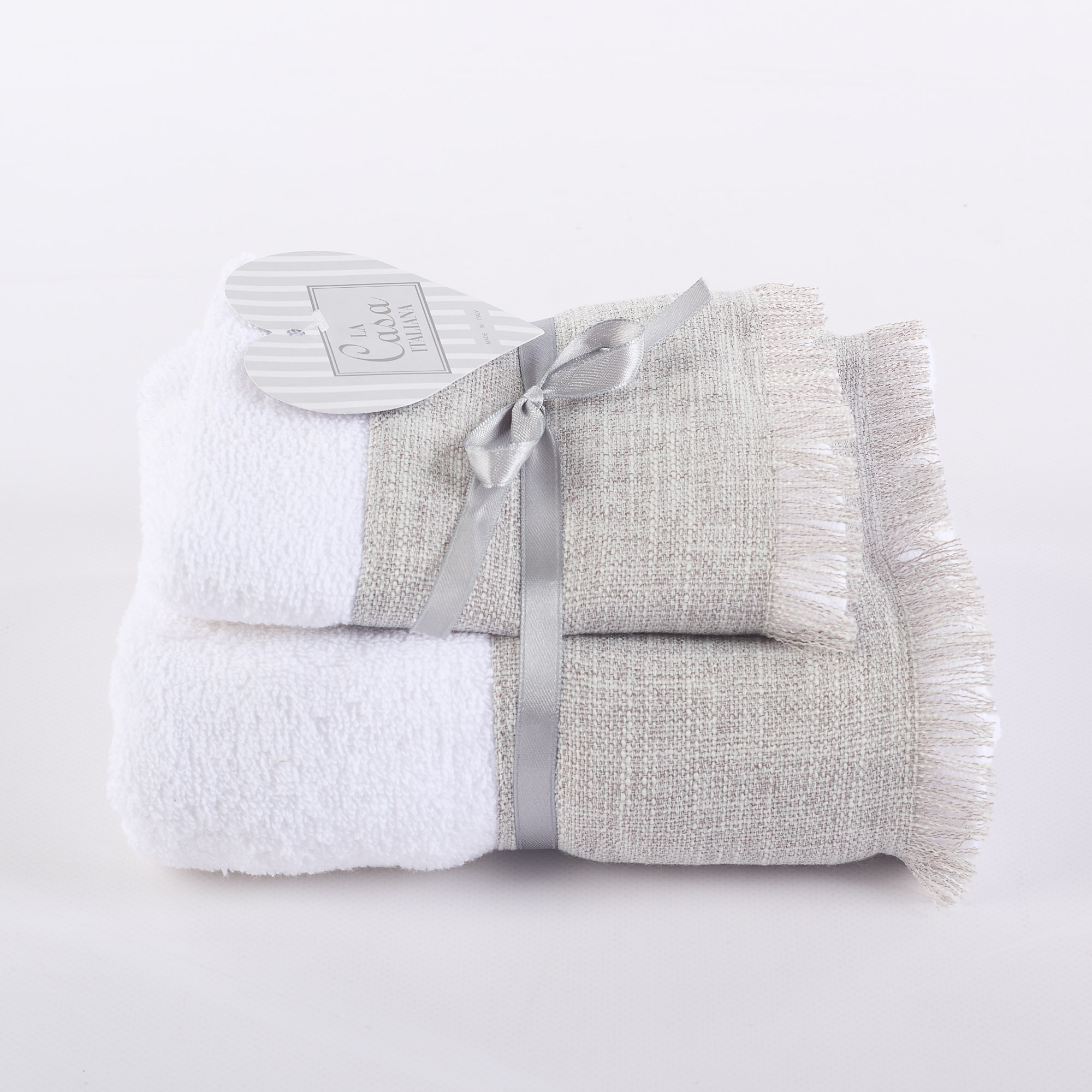 Set 1 + 1 Schwamm Korsika Fransen bianco grigio La Casa Italiana