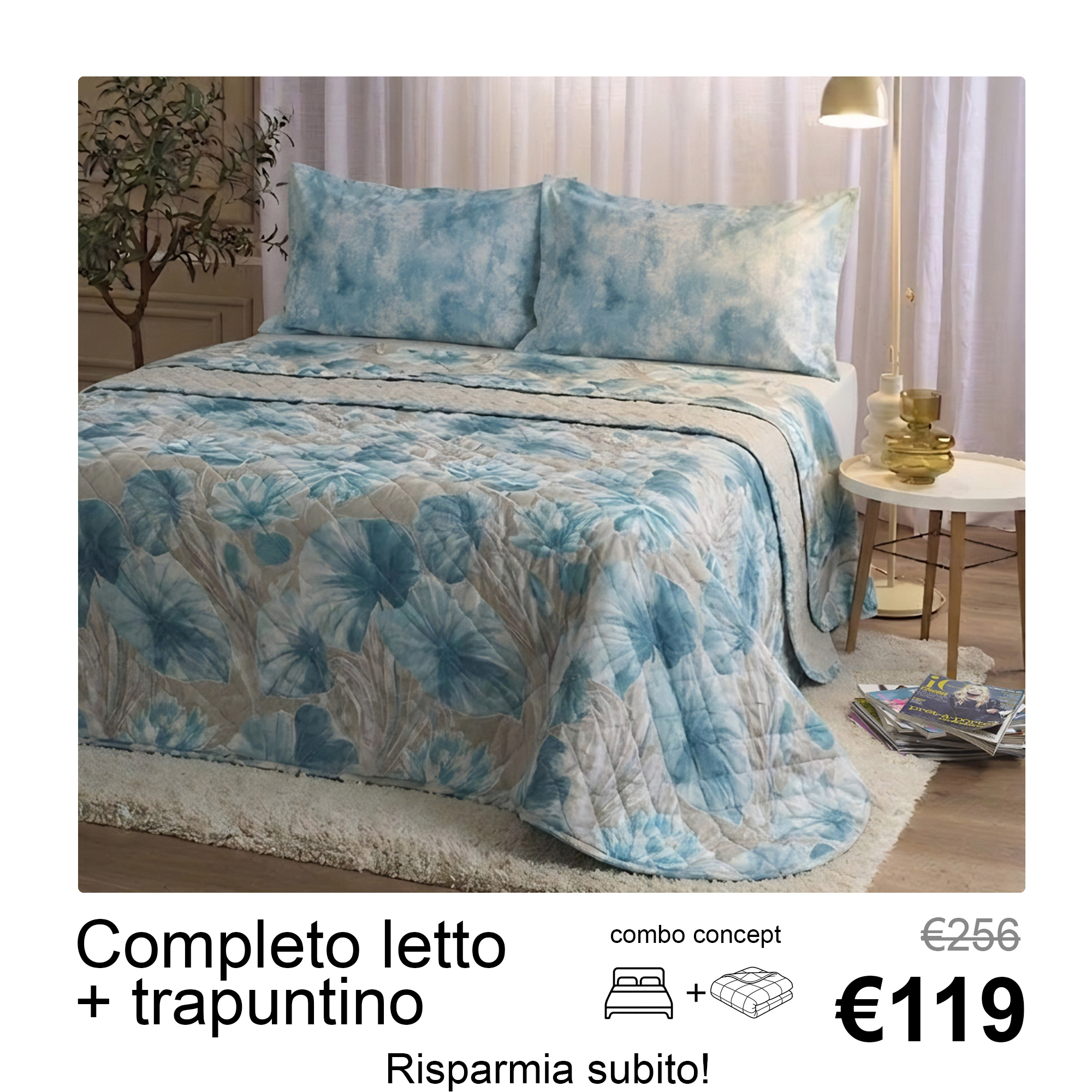 Комплект постельного белья со стёжкой двуспальный светло-голубой Incanto azzurro Maè