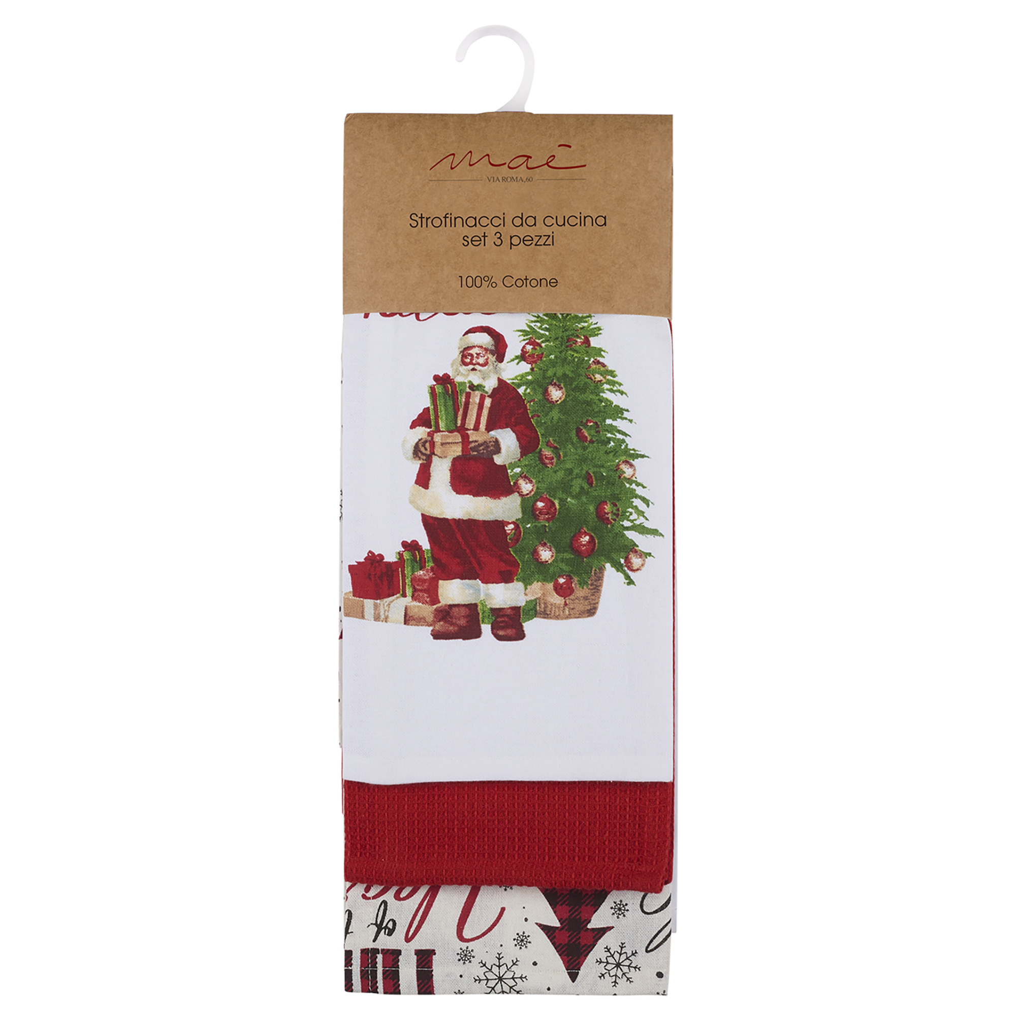 Trio of Christmas Tea Towels Xmas Time Santa Tree multicolor Maè