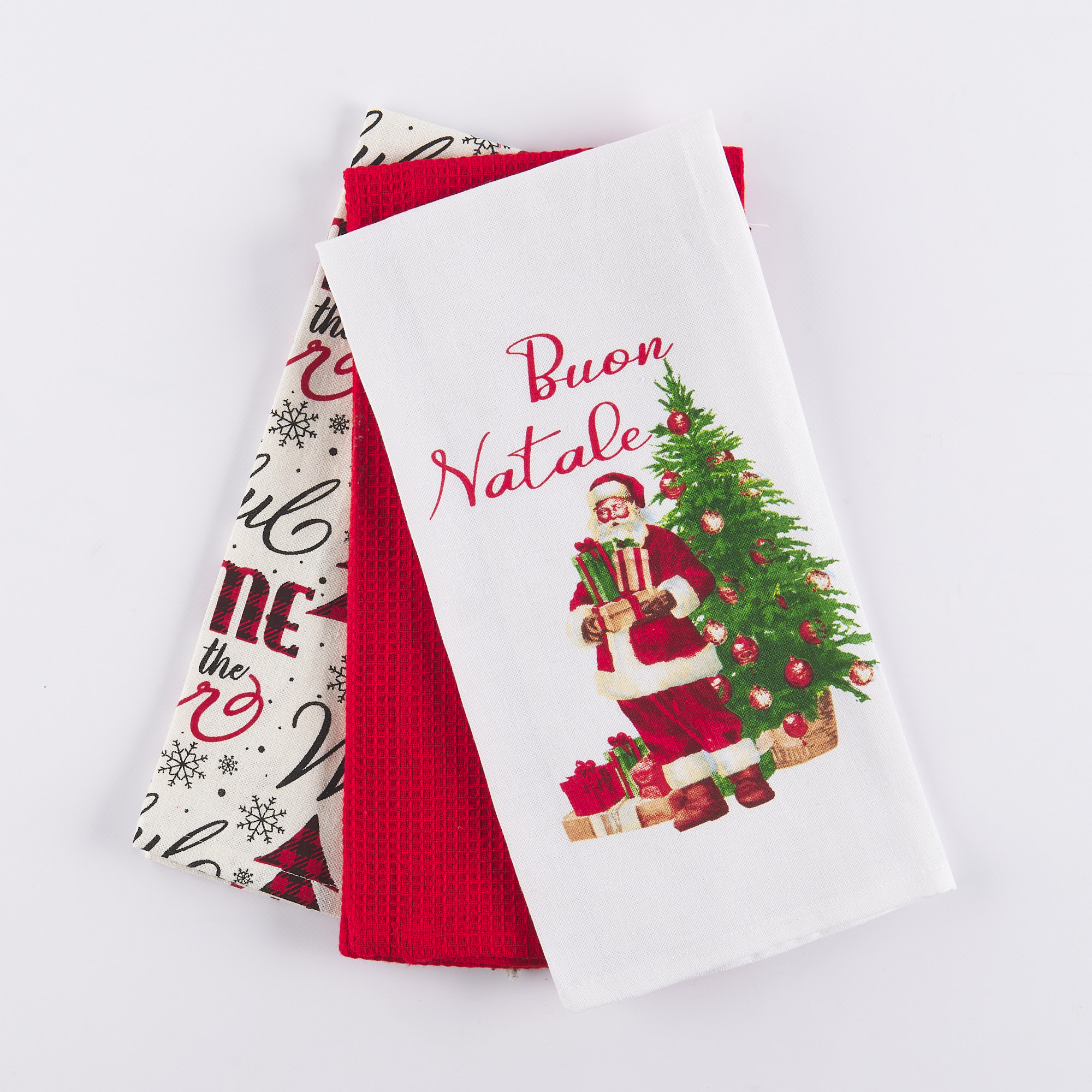 Trio of Christmas Tea Towels Xmas Time Santa Tree multicolor Maè