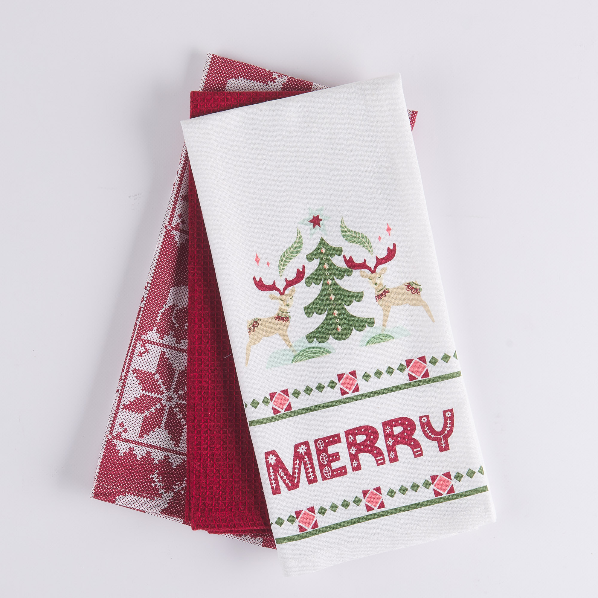 Trio of Christmas Tea Towels Xmas Time Tree multicolor Maè