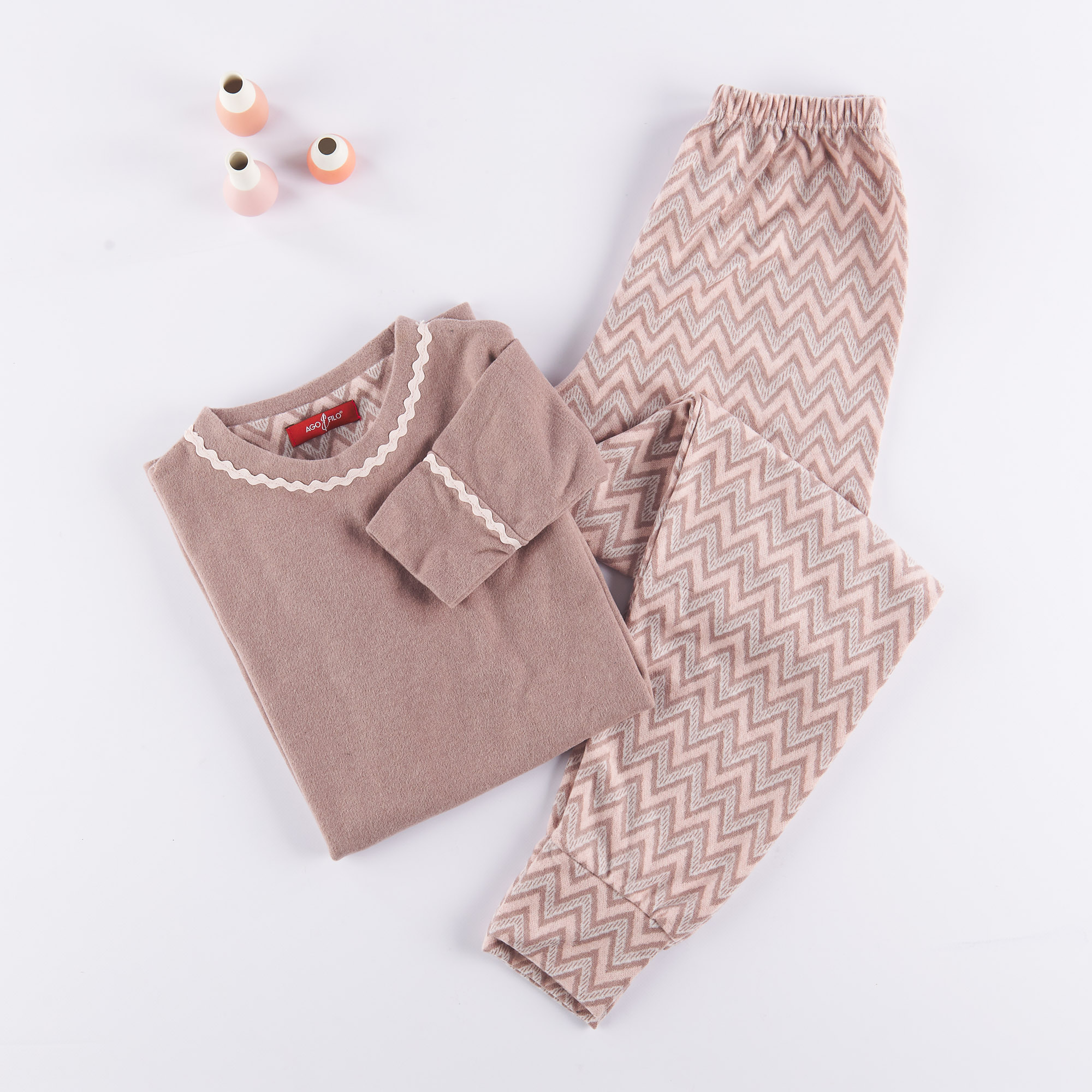 Women's Crew Neck Pajamas with Trimmings cacao Ago e Filo